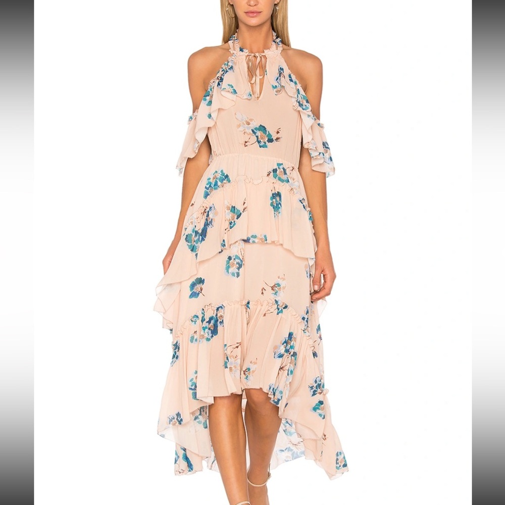 $750 Ulla Johnson Silk Blush and Blue Flutter Sleeve Ruffle V-Neck Dress